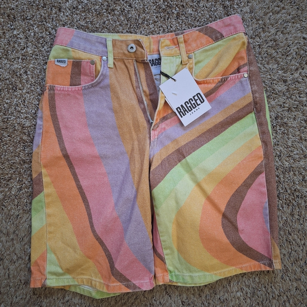 NWT The Ragged Priest Free People Multi Acid Swirl Denim Shorts 28